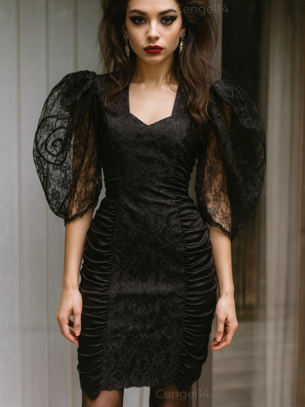 Vintage 80s Mayvens Black Lace Puff Sleeve Ruched Bodycon Dress USA